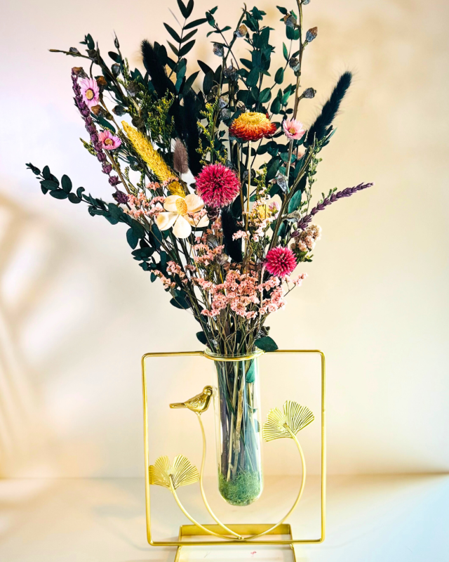 Eternal Dried Flowers in Bird Metal Vase by artist Aileen Warren